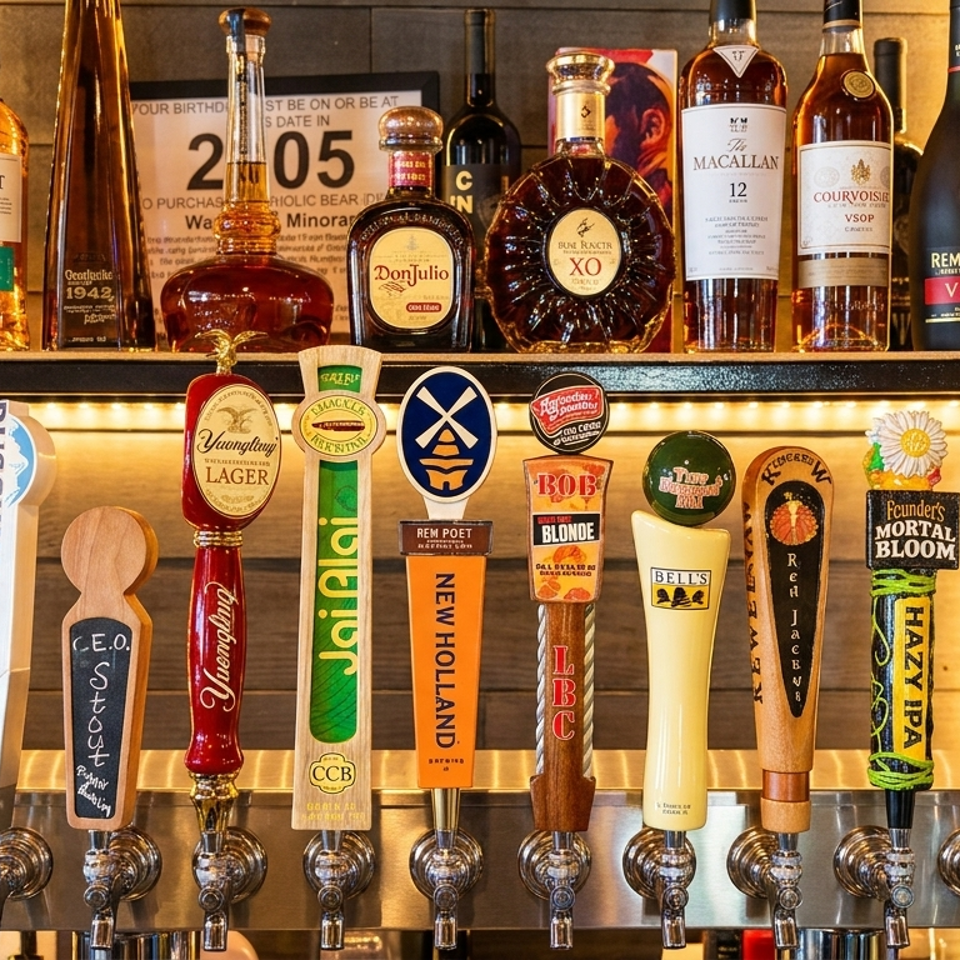 A bar shelf displays various liquor bottles above a row of diverse beer tap handles.