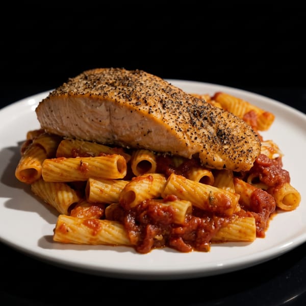 A white plate holds rigatoni pasta with red sauce, topped with a peppered salmon fillet.