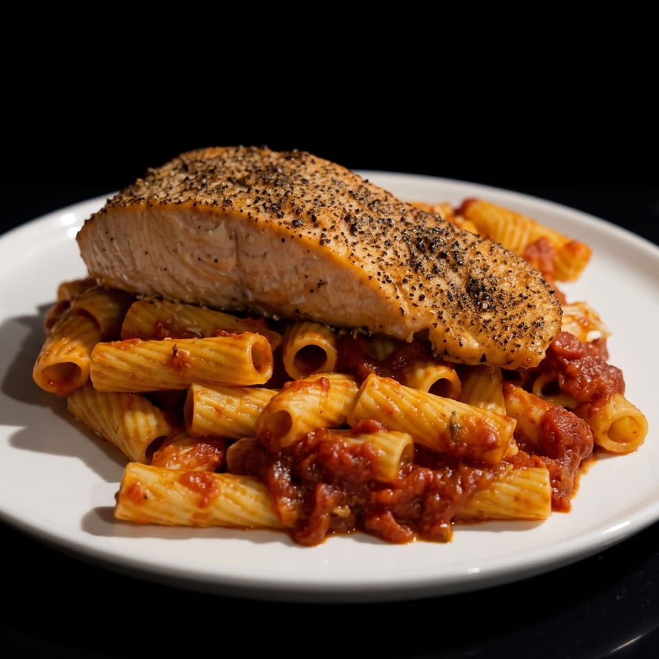 A white plate holds rigatoni pasta with red sauce, topped with a peppered salmon fillet.