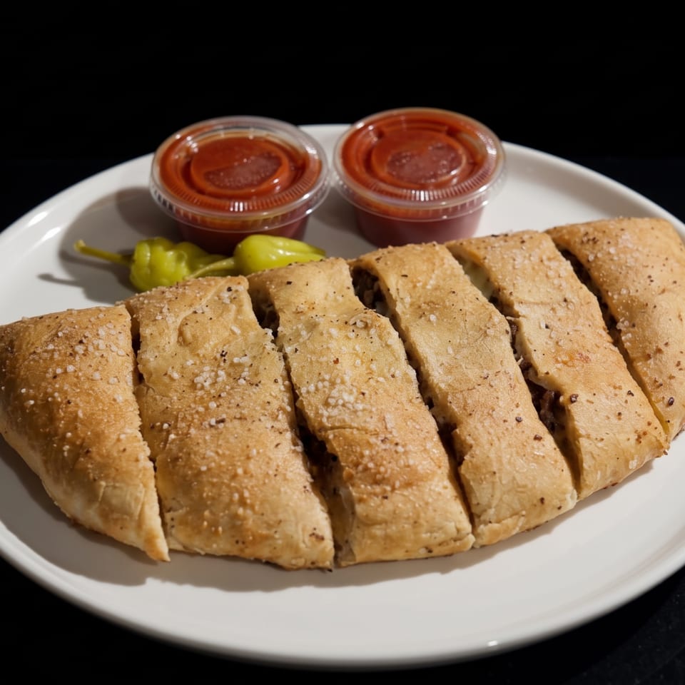 A sliced calzone with two cups of marinara sauce and two green peppers on a white plate.