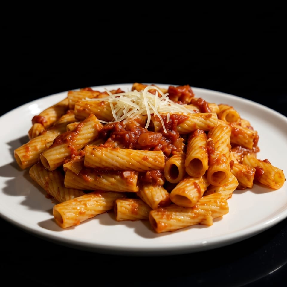 Rigatoni pasta with red sauce and grated cheese on a white plate against a dark background.