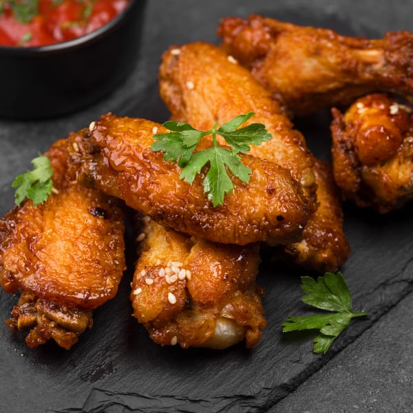 Crispy glazed chicken wings with sesame seeds and parsley, served with a side of red sauce.