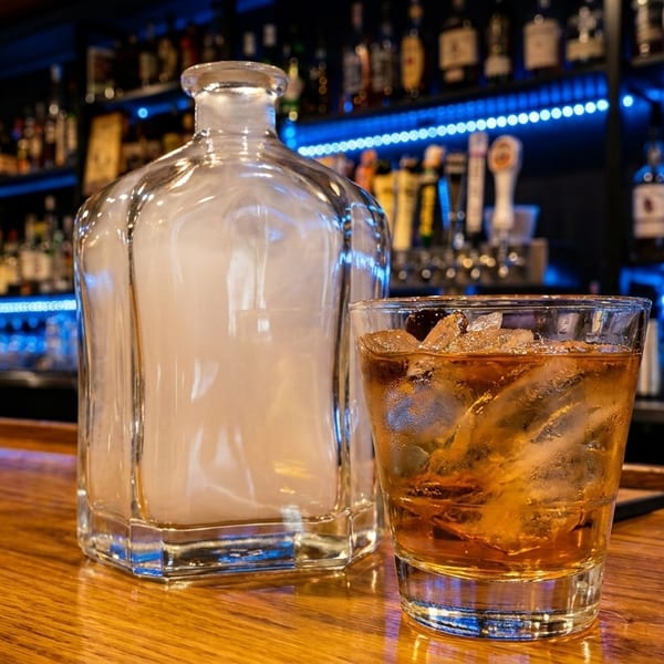 A smoky decanter and a glass of whiskey with ice sit on a wooden bar counter.