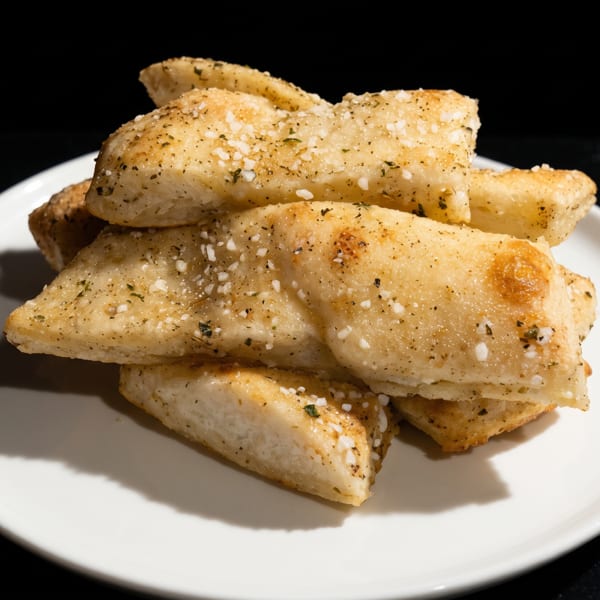 Golden-brown garlic knots, seasoned with herbs and coarse salt, piled on a white plate.