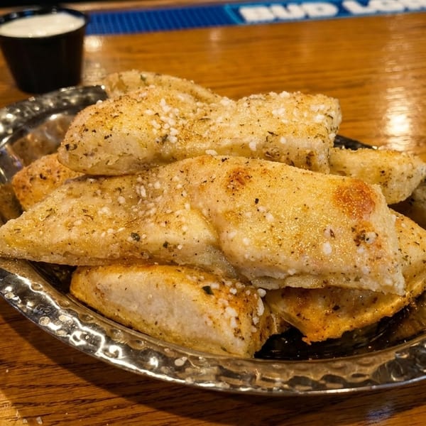 Garlic knots with parmesan cheese and herbs on a silver platter, with a side of dipping sauce.