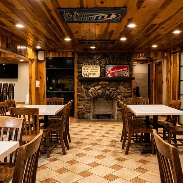 Cozy restaurant dining area with wood-paneled walls, a stone fireplace, and tables with wooden chairs.