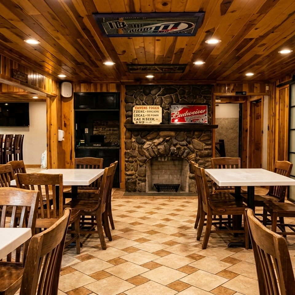 Cozy restaurant dining area with wood-paneled walls, a stone fireplace, and tables with wooden chairs.