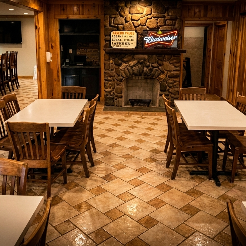 Restaurant dining room with wooden tables and chairs, a stone fireplace, and a long bar area.